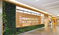 新北市立圖書館三峽北大分館以植生牆構成主題書牆。