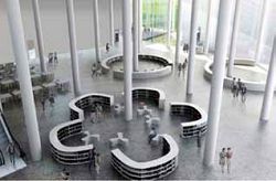 臺中市立圖書館新總館（臺中綠美圖）內部建築設計多數採用挑高設計，創造寬廣的展覽及圖書閱覽空間。（臺中市立圖書館提供）