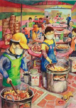 吳松鴻的作品「辦桌」充滿了濃濃的臺灣人情味。