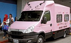 由貨車改裝的粉紅鋼鐵貓咪書車。