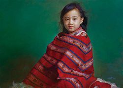 林欽賢的古典寫實油畫作品「穿著邵族披風的宸宸」。