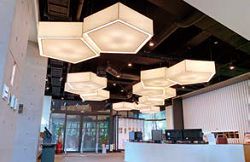 高雄市立圖書館李科永紀念圖書館藉由天花板六角形立體燈具，呈現出高低落差。