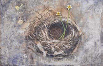 《春天無語》鳥巢枝葉盤錯繁複，構圖自然，描繪細膩。