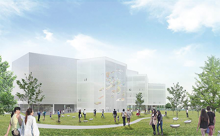 即將於水湳經貿園區完工的臺中市立圖書館新總館—臺中綠美圖之外觀透視圖。