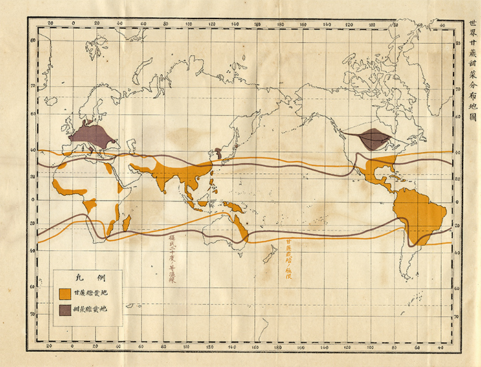 1919年出版椎原國政編輯的《臺灣の糖業》中的世界甘蔗、甜菜分布圖。