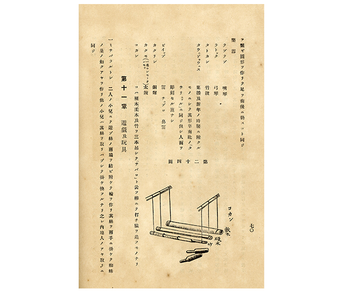 《臨時臺灣舊慣調查會第一部蕃族調查報告書》書中，以手繪呈現的原住民樂器「木琴コカン」（kokang）樣貌，也稱為趕猴棒。