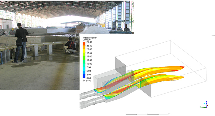 水利工程透過模式運算，有效模擬工程施作結果提供設計方做參考，如挑流工的設計模擬等。
