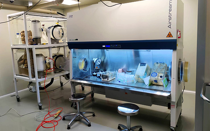 由動物實驗中心同仁設計的生物安全操作櫃（BSC），在實驗完成能直接傳遞使用，降低汙染風險。