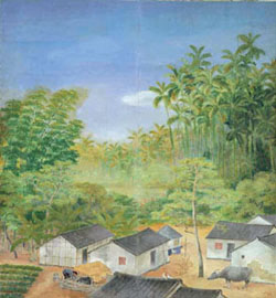 林玉山的膠彩屏風作品「故園追憶」，是他在第9回台展的得獎作品。其實當時林玉山人在京都，這件描繪故鄉嘉義風景的畫作，實為思鄉之作。