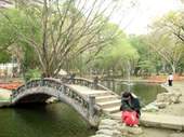 父女一起在公園內看魚