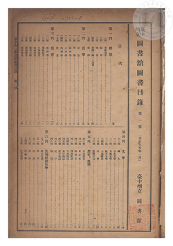 大正15年臺中州立圖書館圖書目錄第一號。（以上檔案來源:日治時期圖書全文影係系統，國立臺灣圖書館）