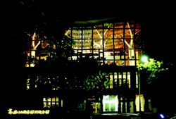 夜晚，從街道望向圖書館，頂層內部的樹枝狀鋼構在光線下幻化成一大片樹林和街道的大樹相互呼應。