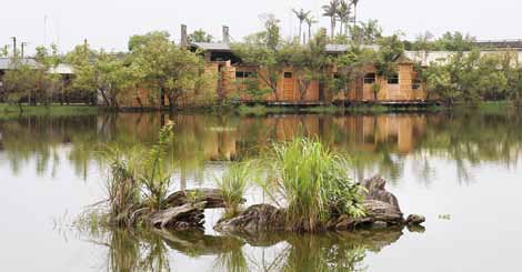羅東林業文化園區貯木池內推放漂流木，呈現昔日裝滿高級木材的盛景。